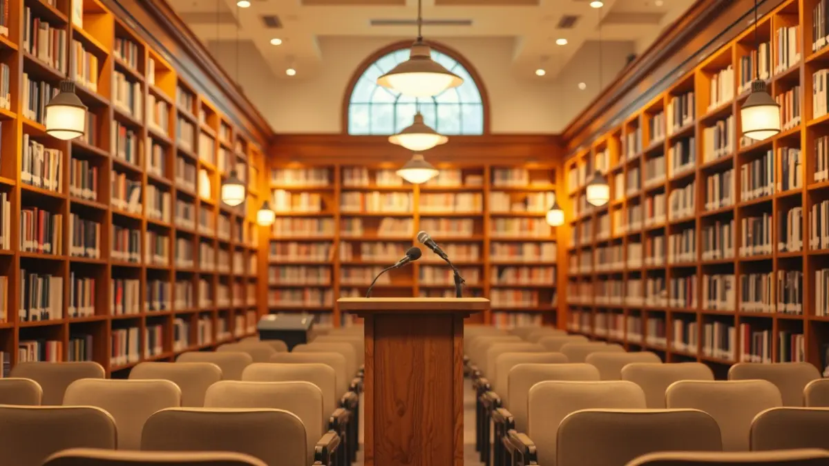 Imagen genérica del interior de una biblioteca con estanterías de madera y un micrófono.