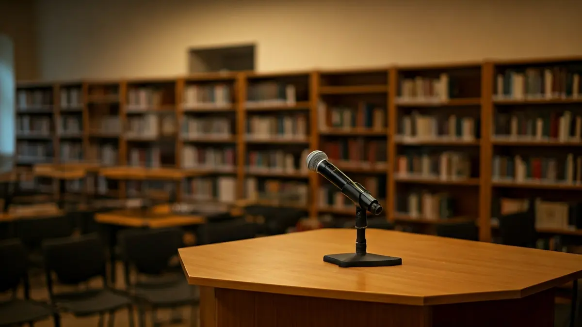 Irudi generikoa liburutegi bateko aurkezpen areto batena, mikrofono batekin eta aulki hutsekin.