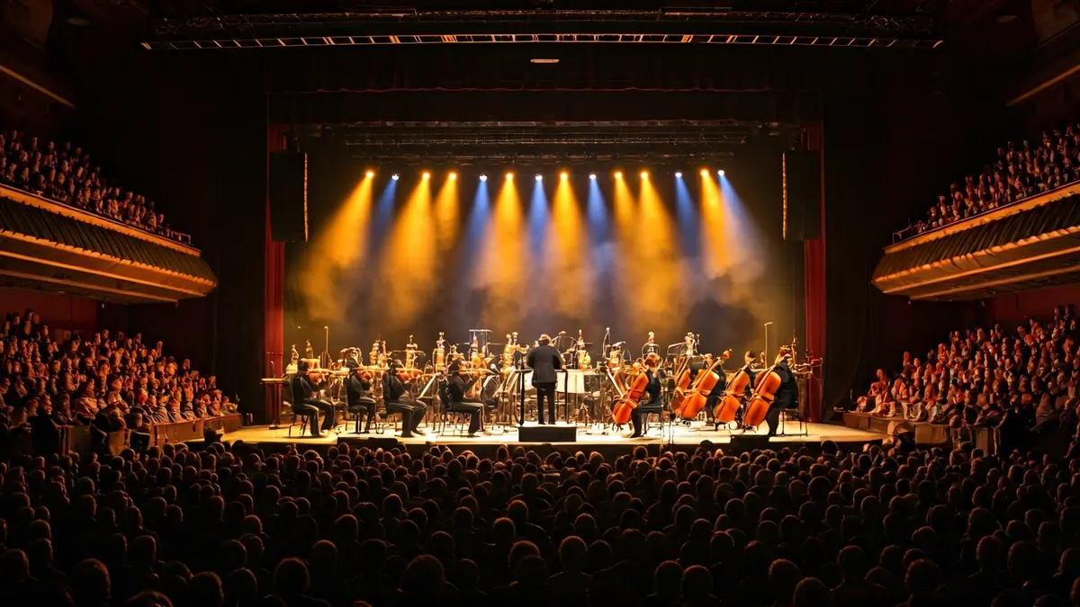 Una orquesta actuando en un gran escenario, bajo luces cálidas.