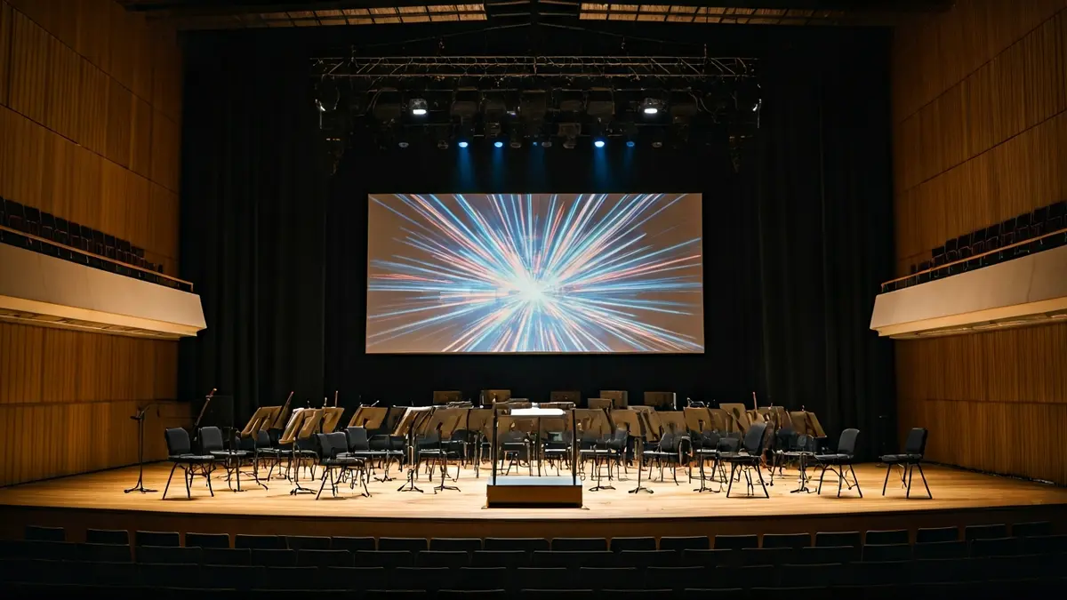 Escenario de sala de conciertos vacío con podio de director y atriles, iluminación orquestal suave.