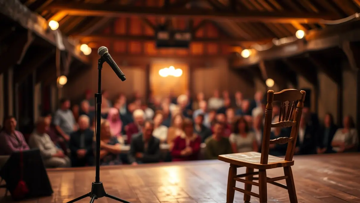 Irudi generikoa bertsolari saio bateko agertokiaz, mikrofonoa eta aulki batekin.