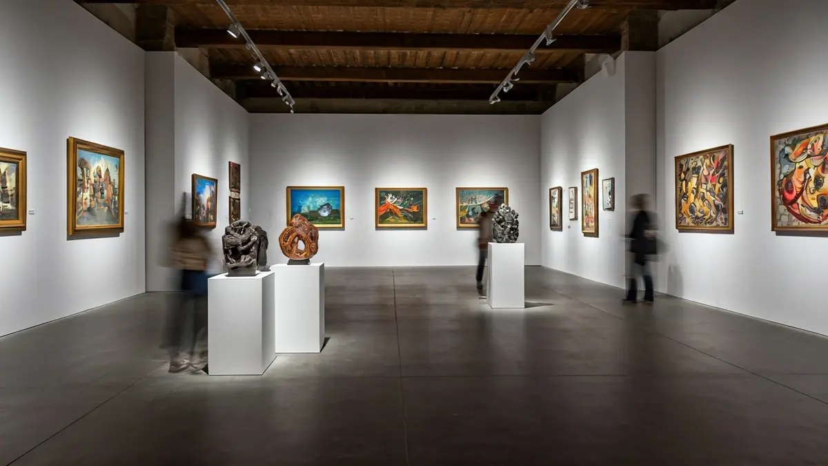 Imagen genérica de un interior de exposición de arte contemporáneo, con iluminación suave y figuras borrosas observando las obras.