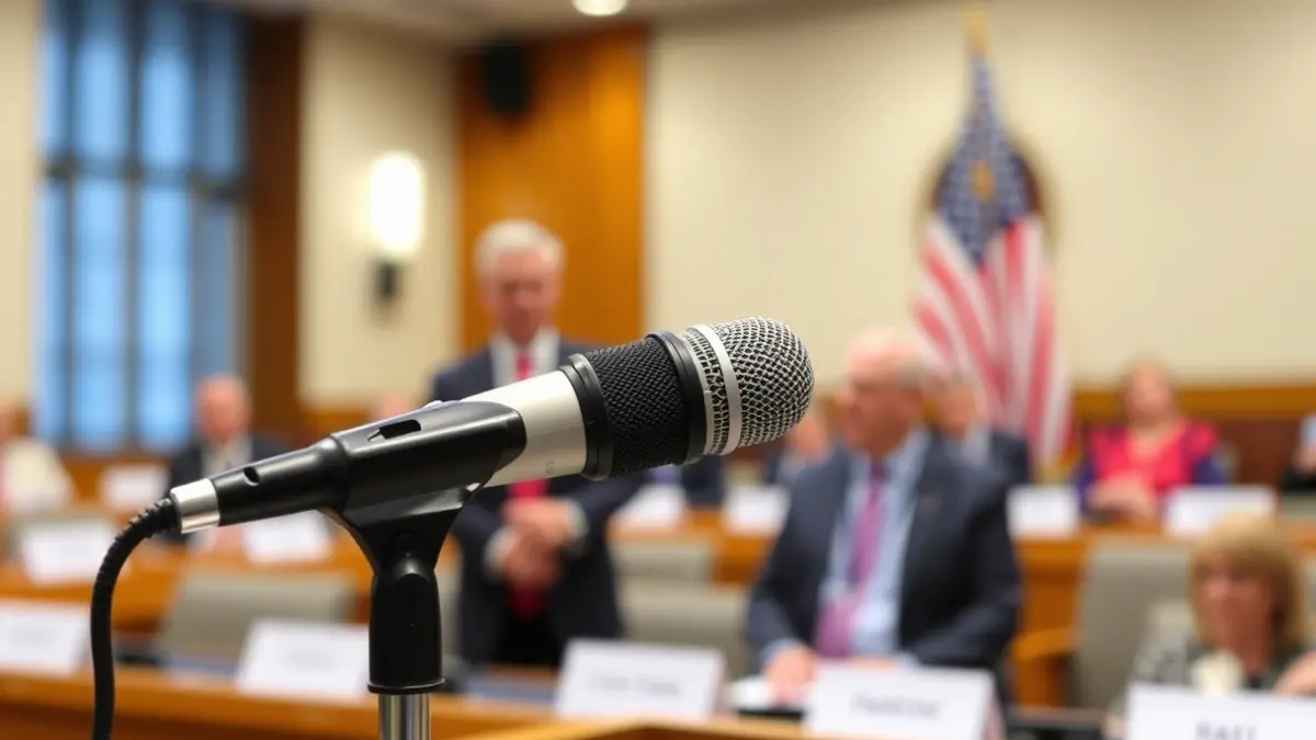 Irudi generikoa mikrofono baten podiumean, bilera formal batean.