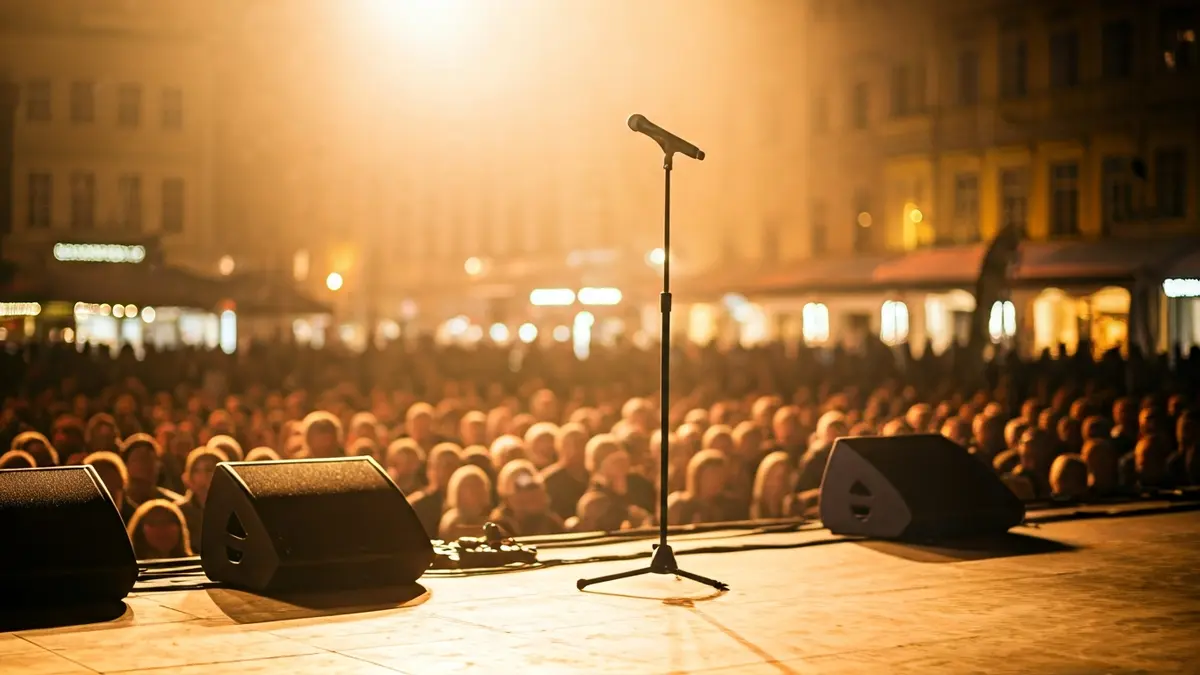 Imagen genérica de un escenario de concierto con iluminación atmosférica.