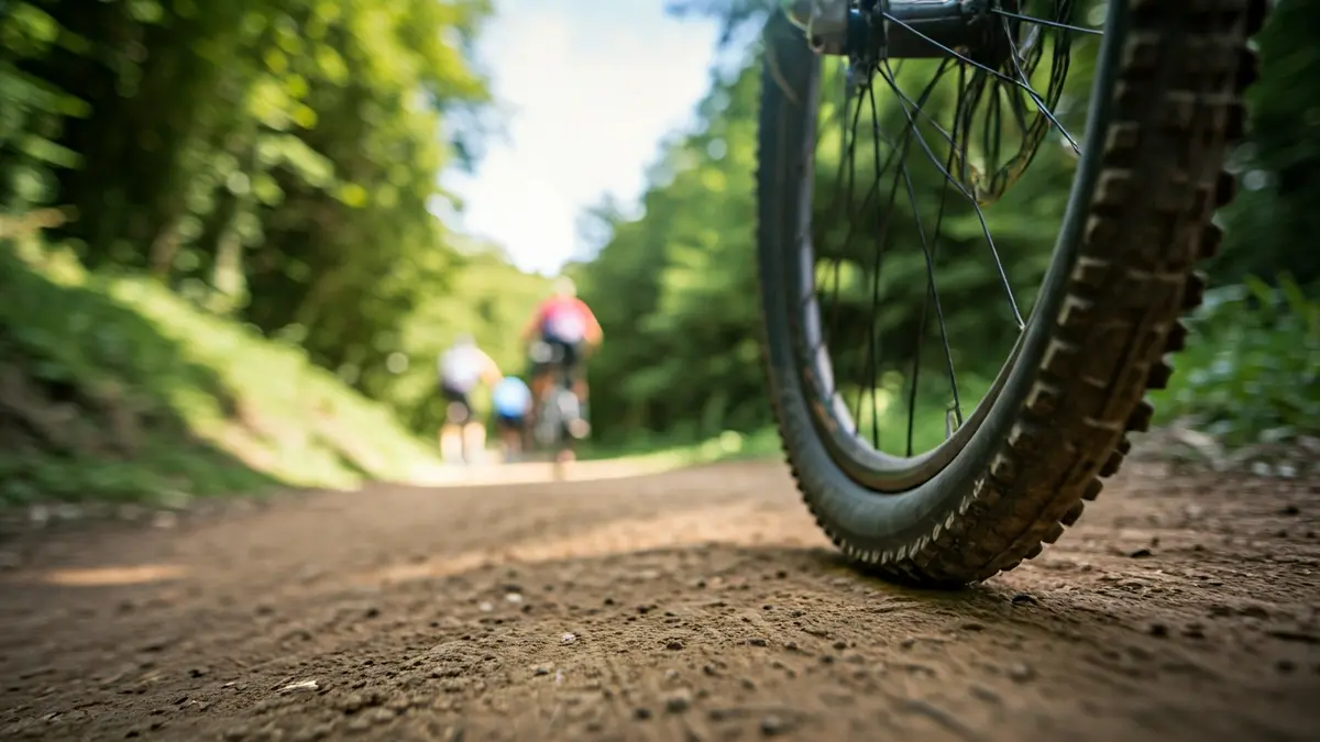 Mendiko bizikletaren gurpil baten irudi generikoa, mendi-bide batean.