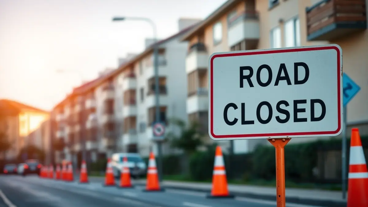 Irudi generikoa errepide itxi baten seinalearekin eta konoekin, mantentze-lanak direla eta.