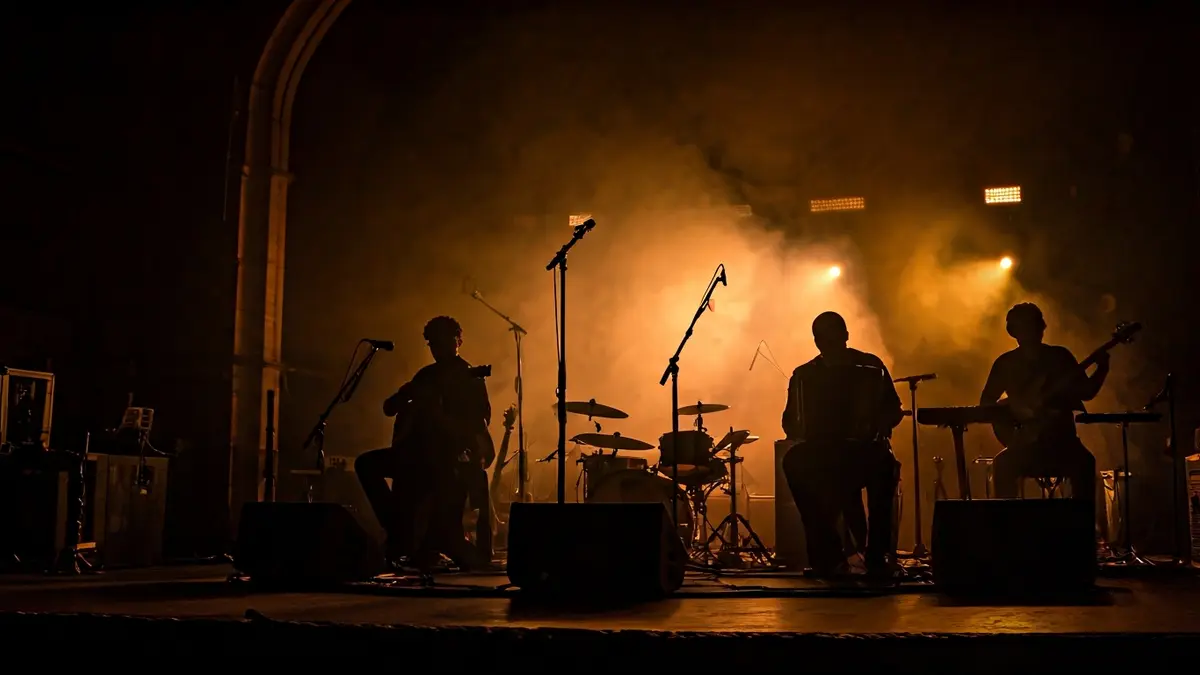 Imagen genérica de un escenario de concierto con instrumentos y luces atmosféricas.