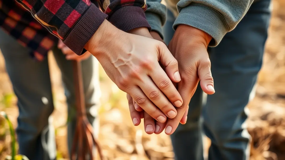 Irudi generikoa, eskuak proiektu batean elkarlanean, nekazaritza-elementu lausoekin atzealdean.