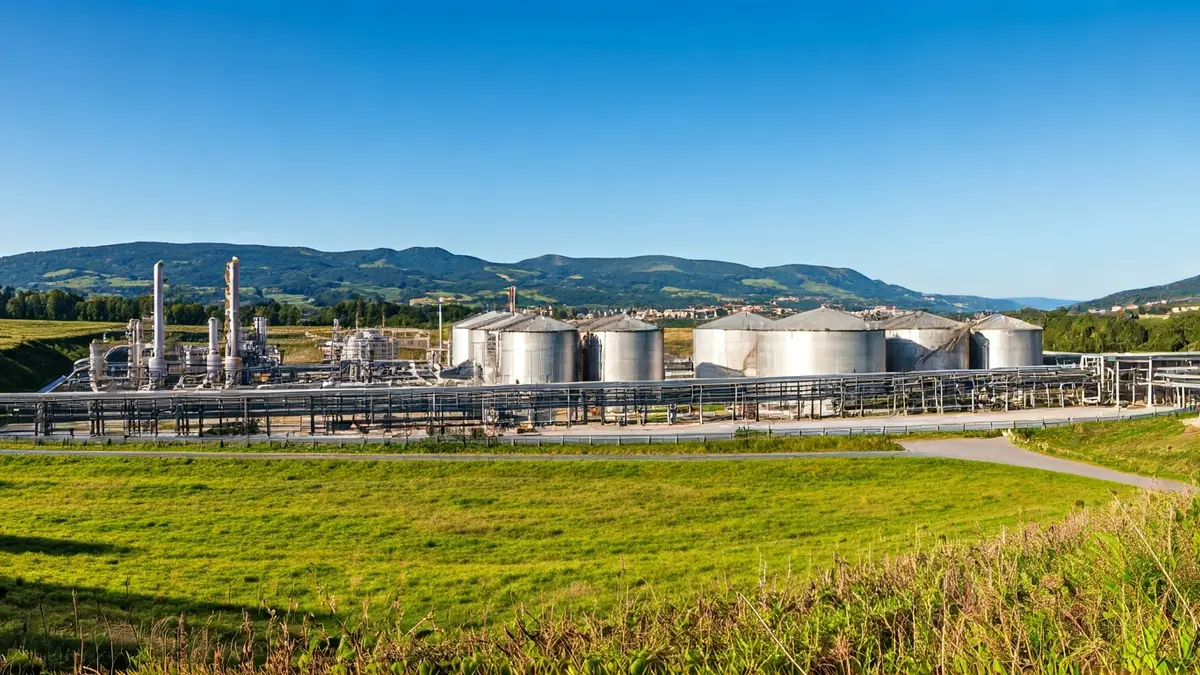 Generic image showing industrial facilities of a biometanization plant, with pipes and storage tanks under a clear sky, located in a green valley of Euskadi.