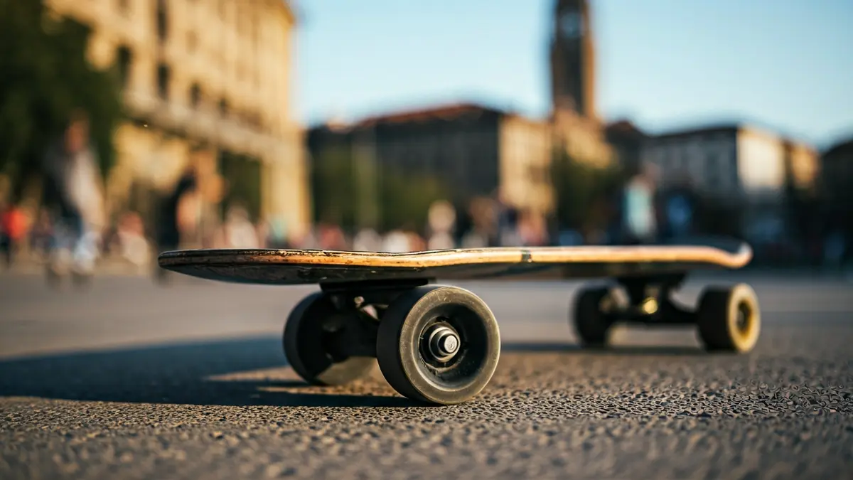 Irudi generikoa patineta baten gurpilarena, hiri-ingurune lauso batekin.