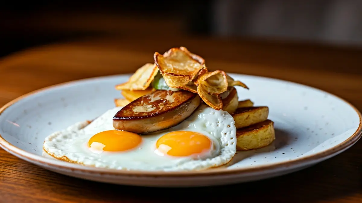 Plater gourmet baten irudi hurbila, arrautza frijituak, foie grasa eta patata kurruskariak dituena.