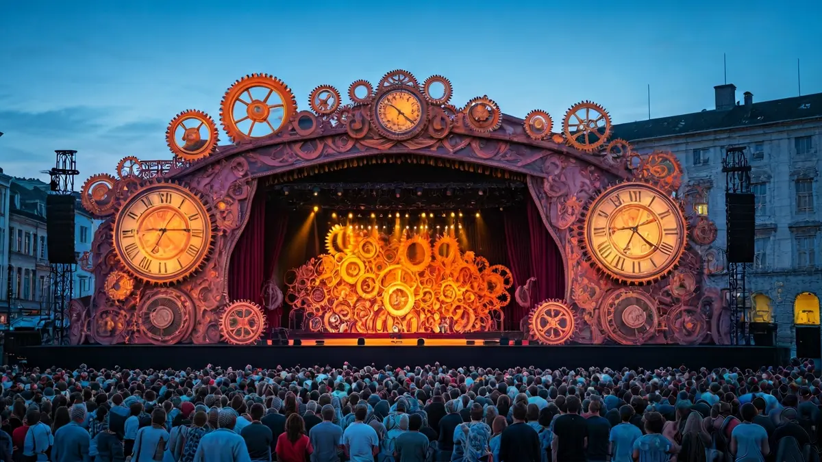 Generic image of a fantastical and curious stage set with mechanical gears and clockwork elements.