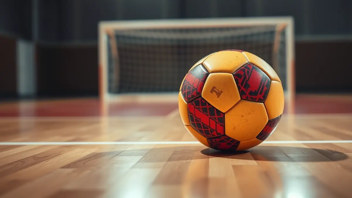 Areto-futboleko baloi baten irudi generikoa, zurezko pistan.