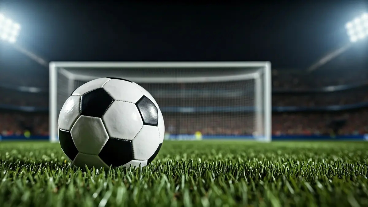 Irudi generikoa futbol baloi bat zelai berdean, atzealdean ate sare lausoa duela.