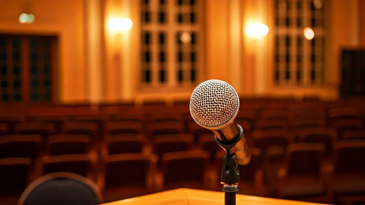 Irudi generikoa mikrofono baten eta aulki hutsen kultur zentro batean, eztabaida giroa irudikatuz.