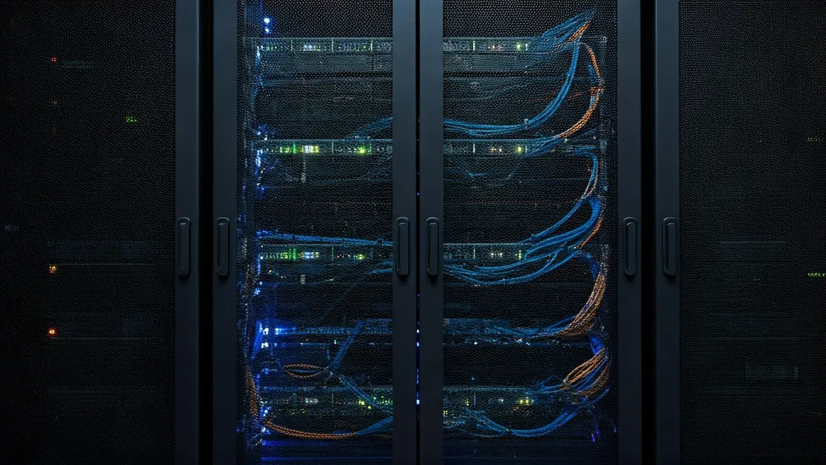 Imagen genérica de una sala de servidores moderna con luces azules y verdes, simbolizando la ciberseguridad.