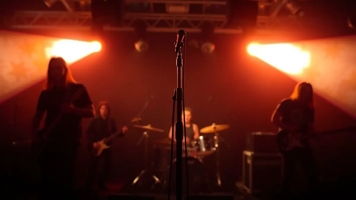 Irudi generikoa kontzertu eszenatoki baten, mikrofono eta bateria batekin, argi epelen artean.