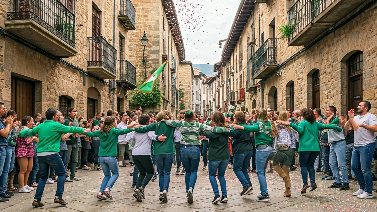 An image of a street scene in Amurrio, with dancing and a festive atmosphere, among traditional buildings.