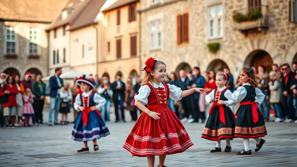 Image of Dantzari Txiki Eguna in Anoeta, with children dancing in traditional Basque costumes.
