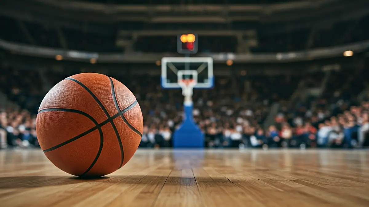 Saskibaloi baloi bat zurezko kantxa batean, atzealdean saskia lausotuta.