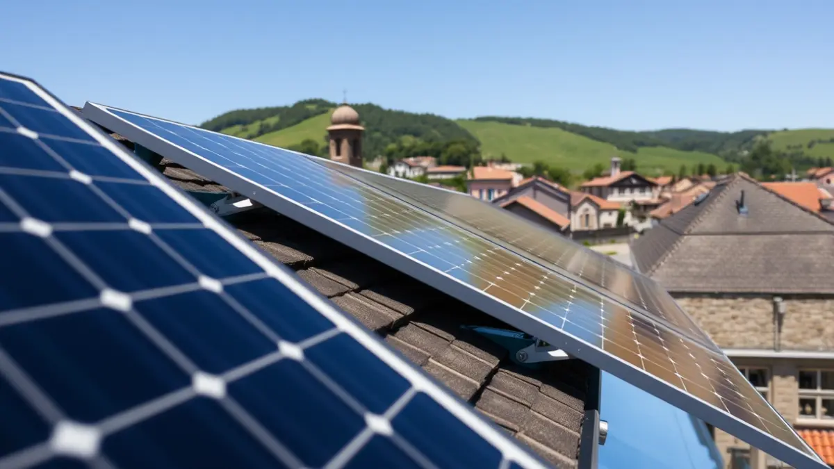 Eguzki-panelak eskola baten teilatuan, Debako paisaiaren atzealdean.