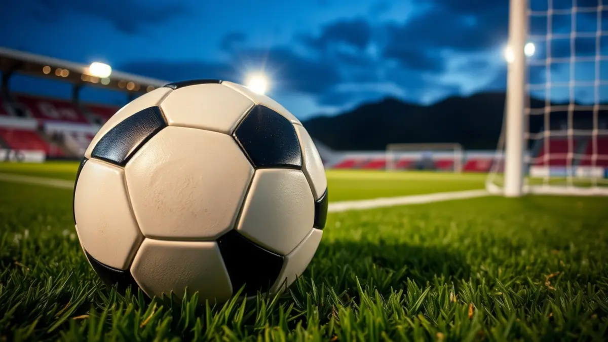 Irudi generikoa futbol baloi bat zelai berdean, atzealdean atea lausotuta.