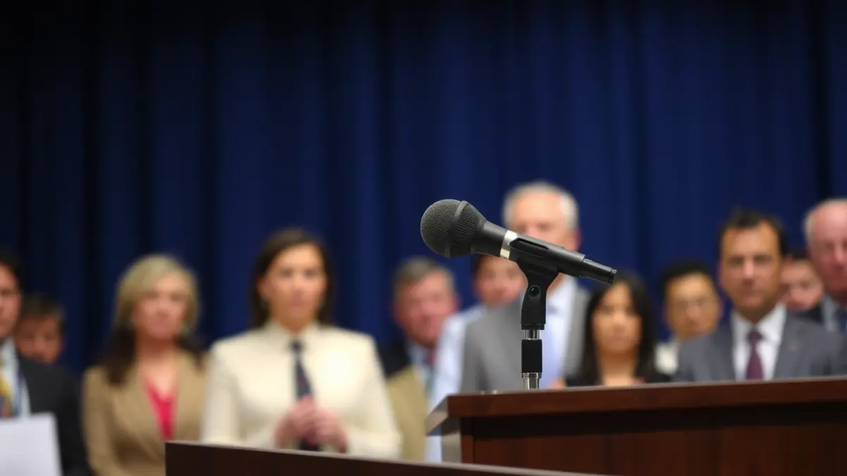 Irudi generikoa: Mikrofono bat podium batean, atzealdean pertsona lausoak dituela.