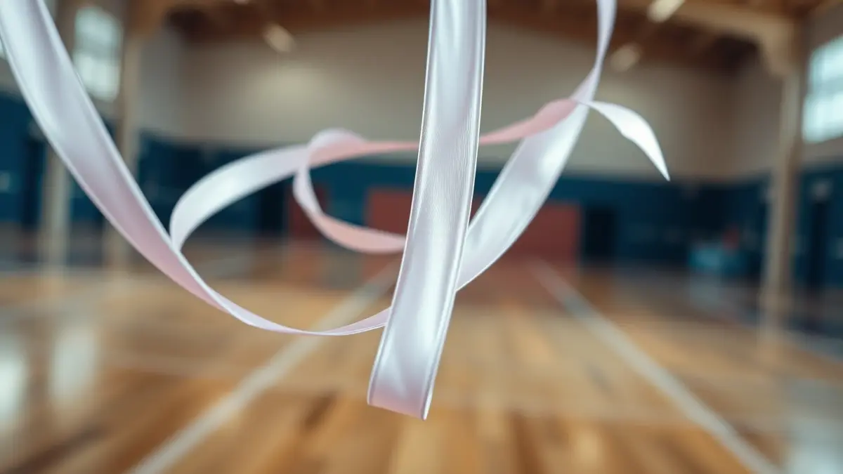 Imagen genérica de una cinta de gimnasia rítmica en movimiento, contra un fondo borroso de un gimnasio.