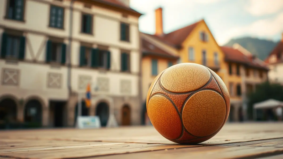 Generic image of a Basque pelota ball on a fronton court, with traditional Basque architecture in the background.