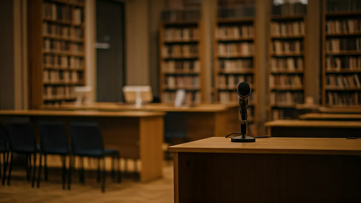 Generic image of a cozy reading atmosphere in a library, featuring a microphone and empty chairs.