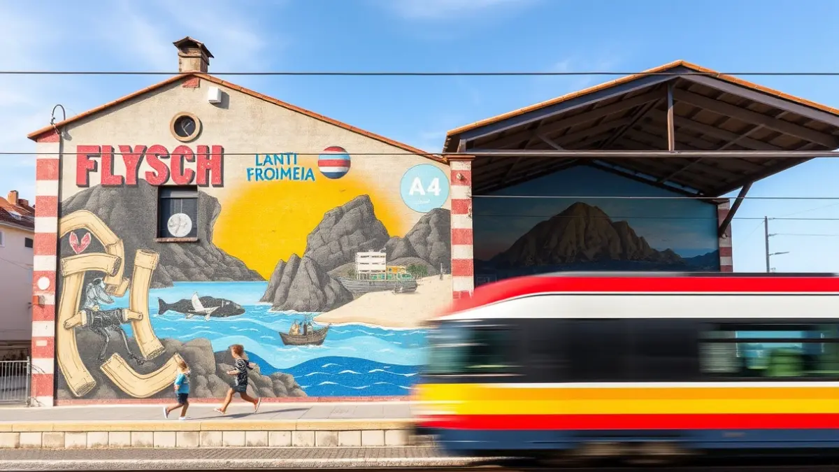 Colorful mural on the back facade of Deba's Covered Promenade, depicting local history and life.