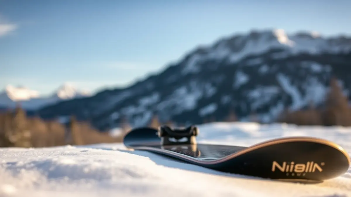 Imagen genérica de una tabla de snowboard en la nieve, con un paisaje montañoso difuminado al fondo.