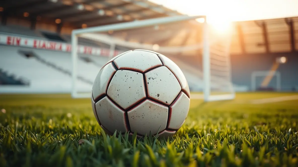 Imagen genérica de un balón de fútbol sobre césped verde, con una portería blanca difuminada al fondo y luz de atardecer.