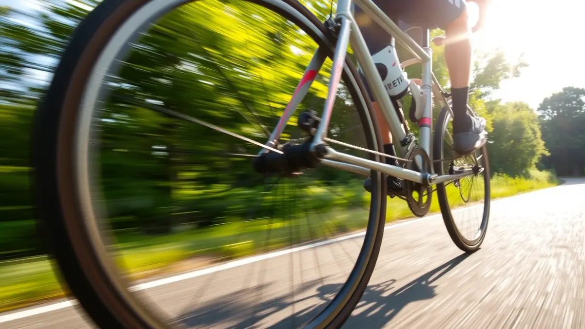 Generic image of a bicycle wheel, conveying speed and movement in a cycling race.