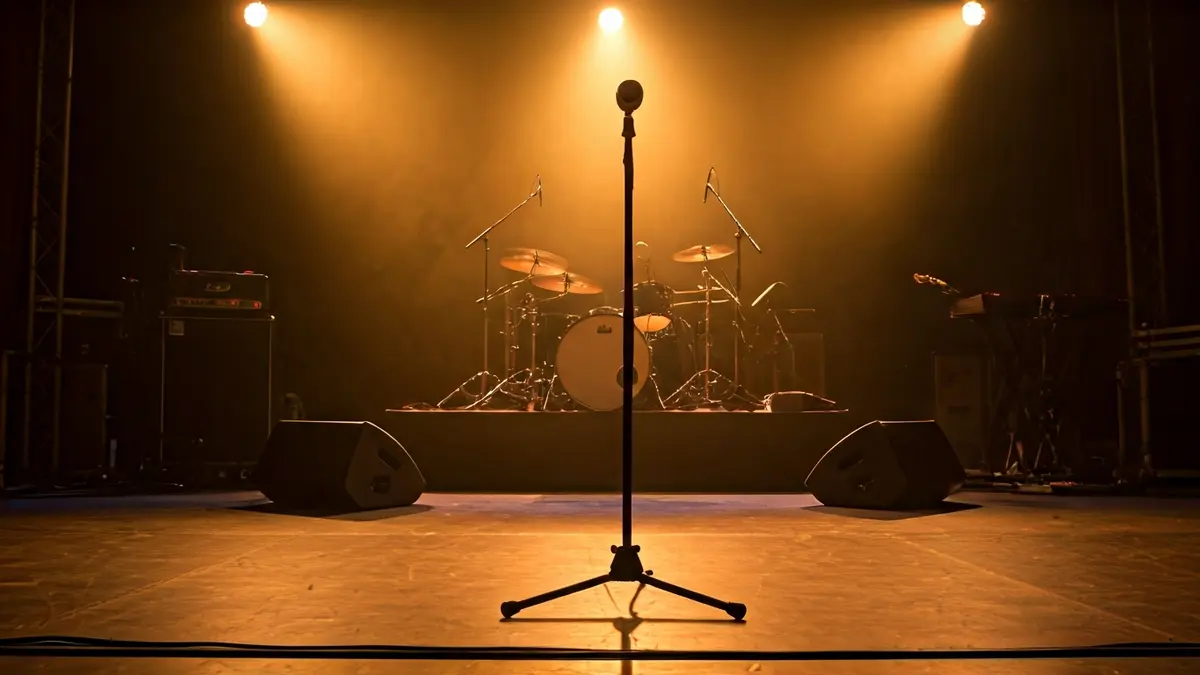 Irudi generikoa kontzertu eszenatoki baten, argi epelak eta mikrofono huts bat agertzen direla.