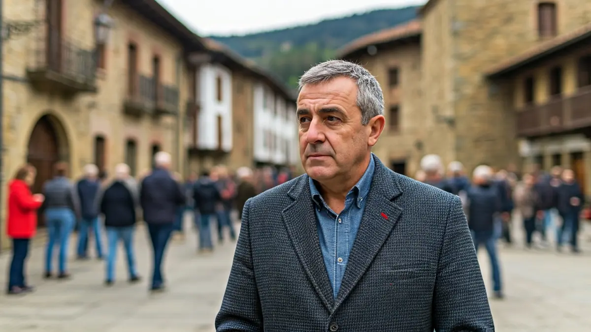 Dirk Morenweiser in a square in Arrasate, with traditional Basque architecture in the background.