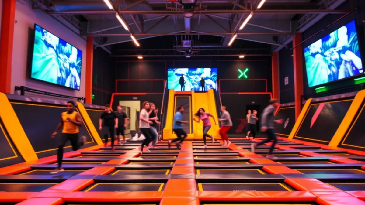 Barruko jolas-parke baten irudi generikoa, ohe elastikoekin eta argi neonekin.