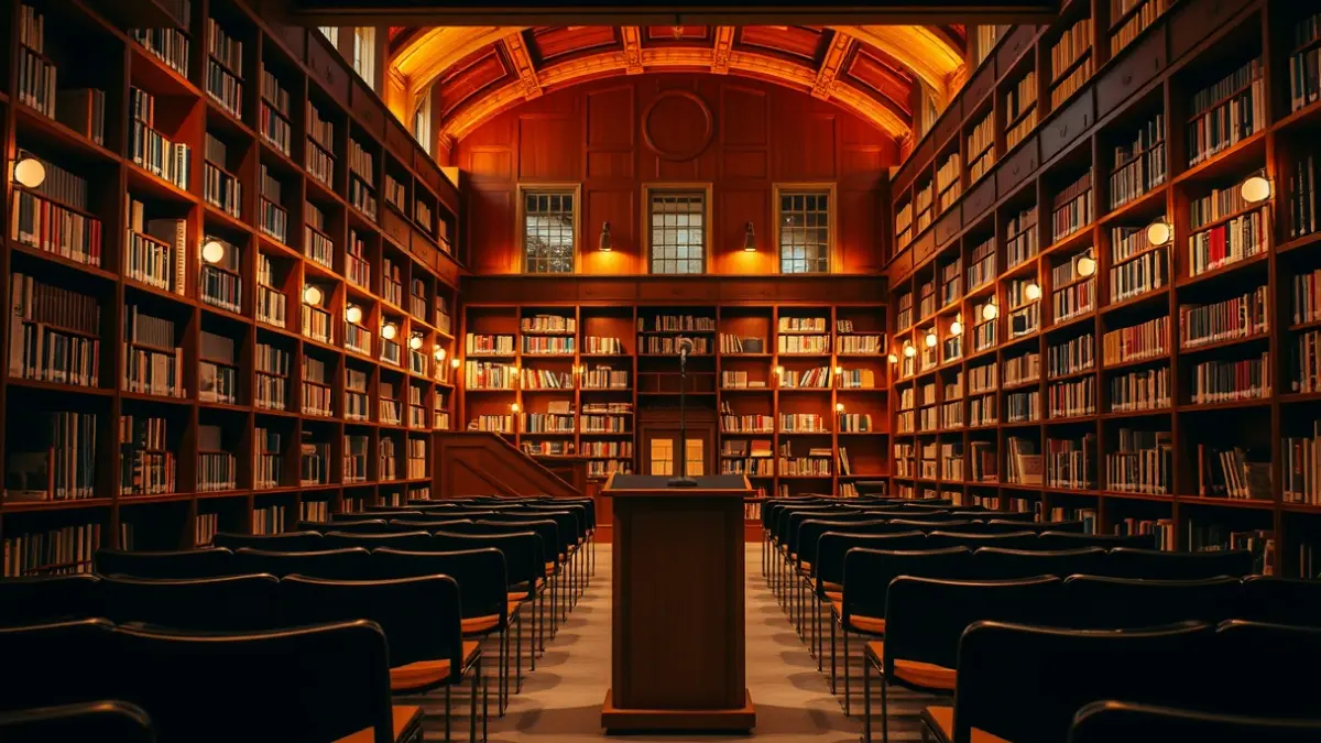 Imagen genérica de un interior de biblioteca con estanterías de madera, un micrófono en un podio y sillas vacías, en un ambiente de lectura acogedor.