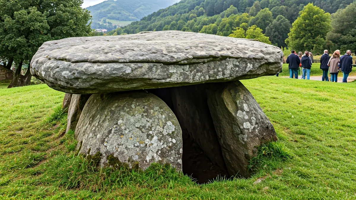 Irudi generikoa Euskadiko paisaia berde batean kokatutako harri megalitiko zaharren hurbileko plano batena.