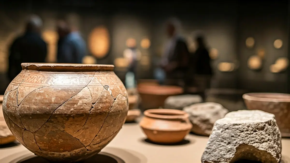 Generic image of ancient ceramic fragments and stone axes in an exhibition.