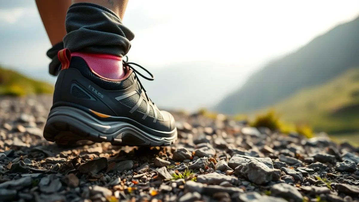 Generic image of trail running shoes on a rocky mountain path.