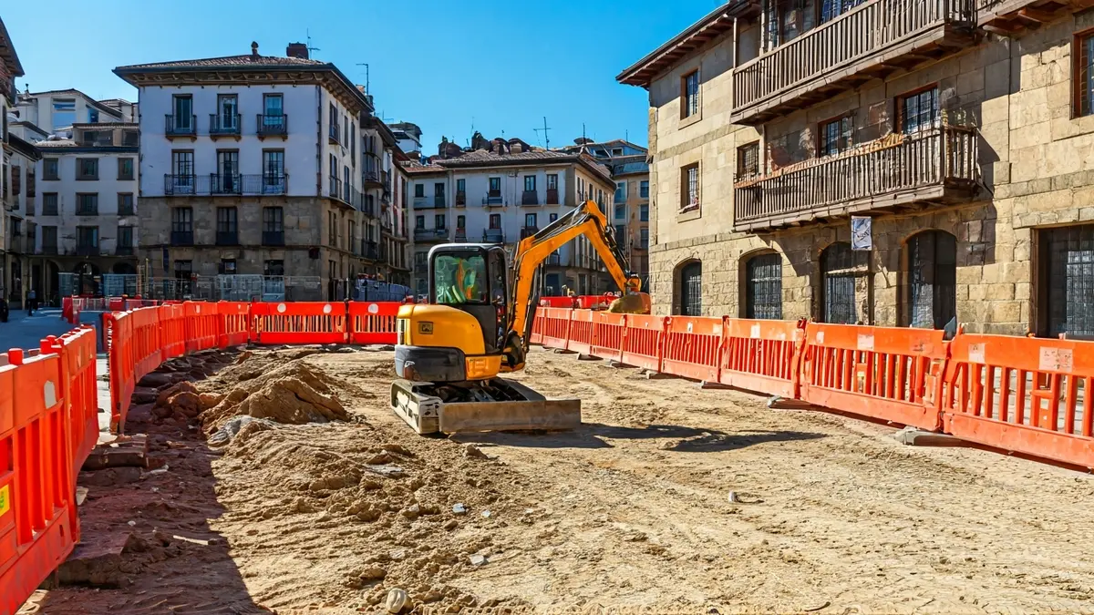 Image of the construction work on Done Jakue street in Azpeitia, showing safety barriers and small machinery.
