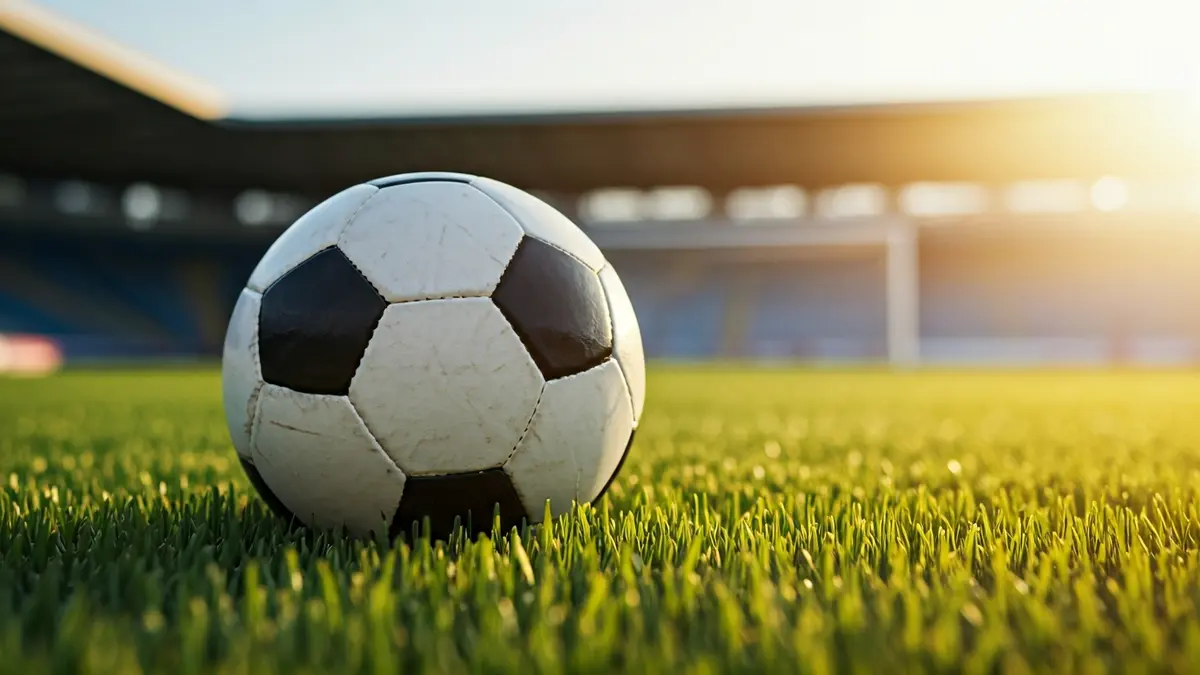 Generic image of a soccer ball on grass, with a blurred goal net in the background.