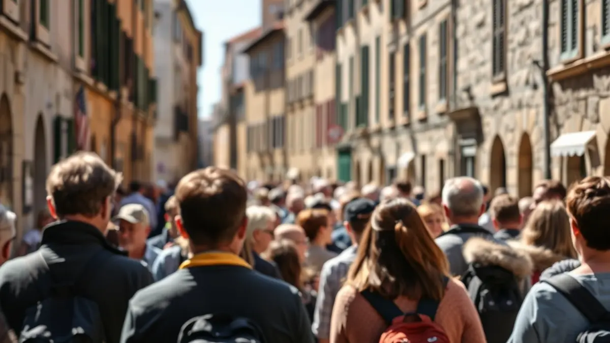 A tourist group on a street in Donostia, following a guide.