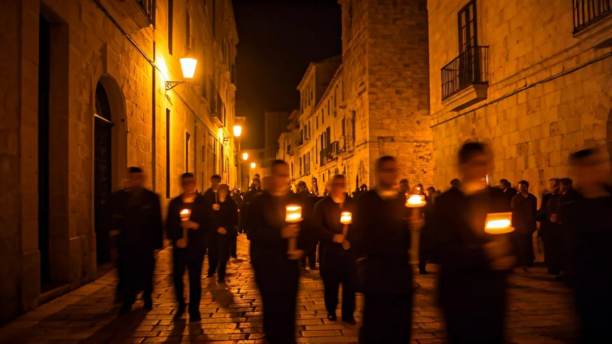 Irudi generikoa gaueko prozesio batena, argi epelak eta jende lausoa.