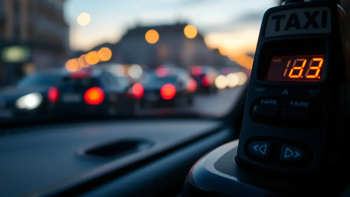 Irudi generikoa taxi-metro baten, atzealdean hiriko argiak lausotuta.