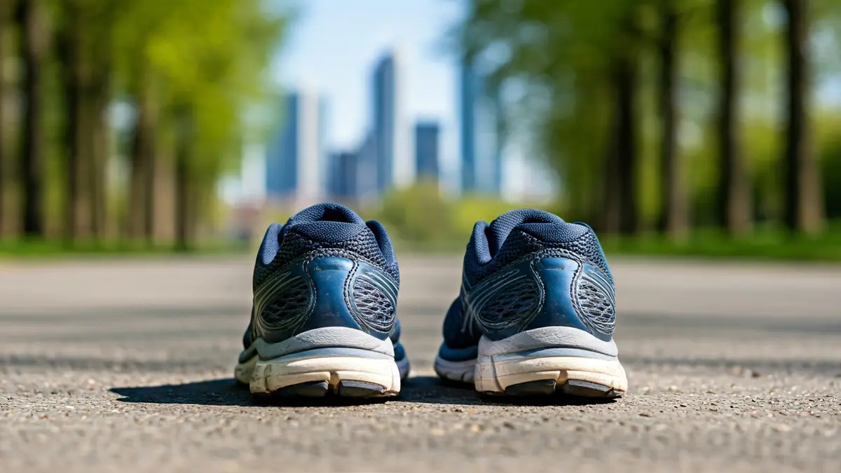 Irudi generikoa: korrika egiteko zapatak parkeko bide batean, atzealdean hiri-paisaia lausoa duela.