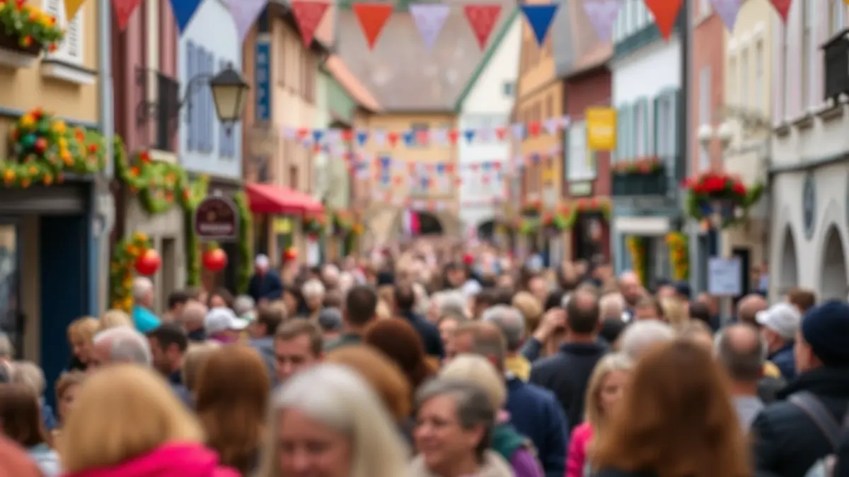 Irudi generikoa jai giroko kale baten, jendearekin eta dekorazio koloretsuekin.