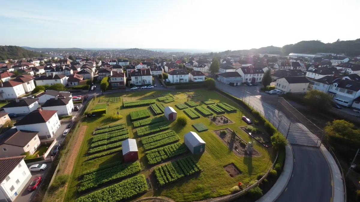 Durangoko Eguzkitza auzoko ortu ludikoen irudi orokorra, etxolak eta berdeguneak ikusten direla.