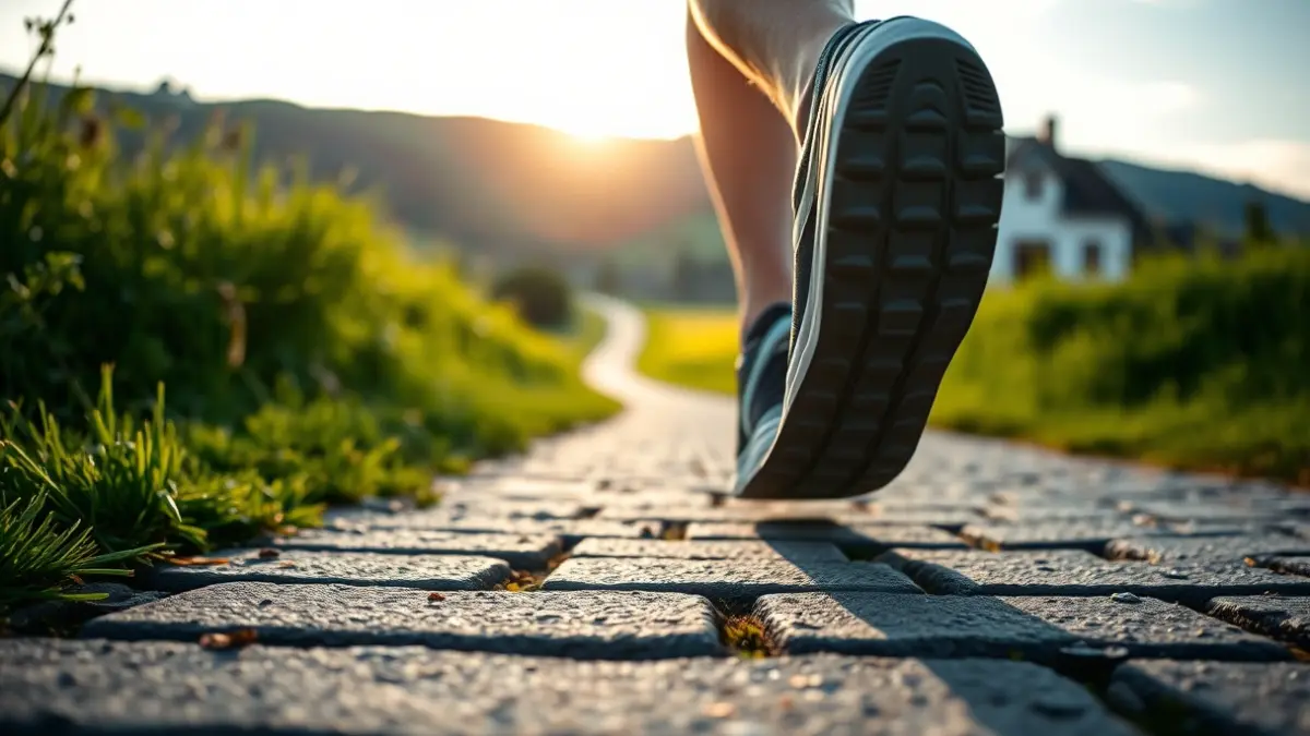 Irudi generikoa: korrika egiteko zapatila bat bide batean, atzealdean landa berdeak eta Euskadiko herri bat.